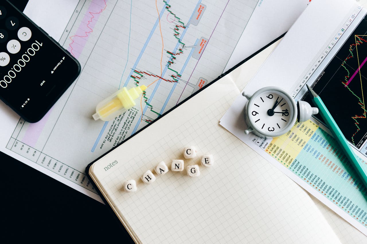 why-choose-us Top view of financial documents with charts, calculator, clock, and the word 'Change' in focus.